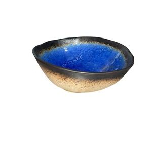 Vintage Studio Pottery Bowl Blue Glazed Interior Rustic Stoneware Handmade 5.5‎